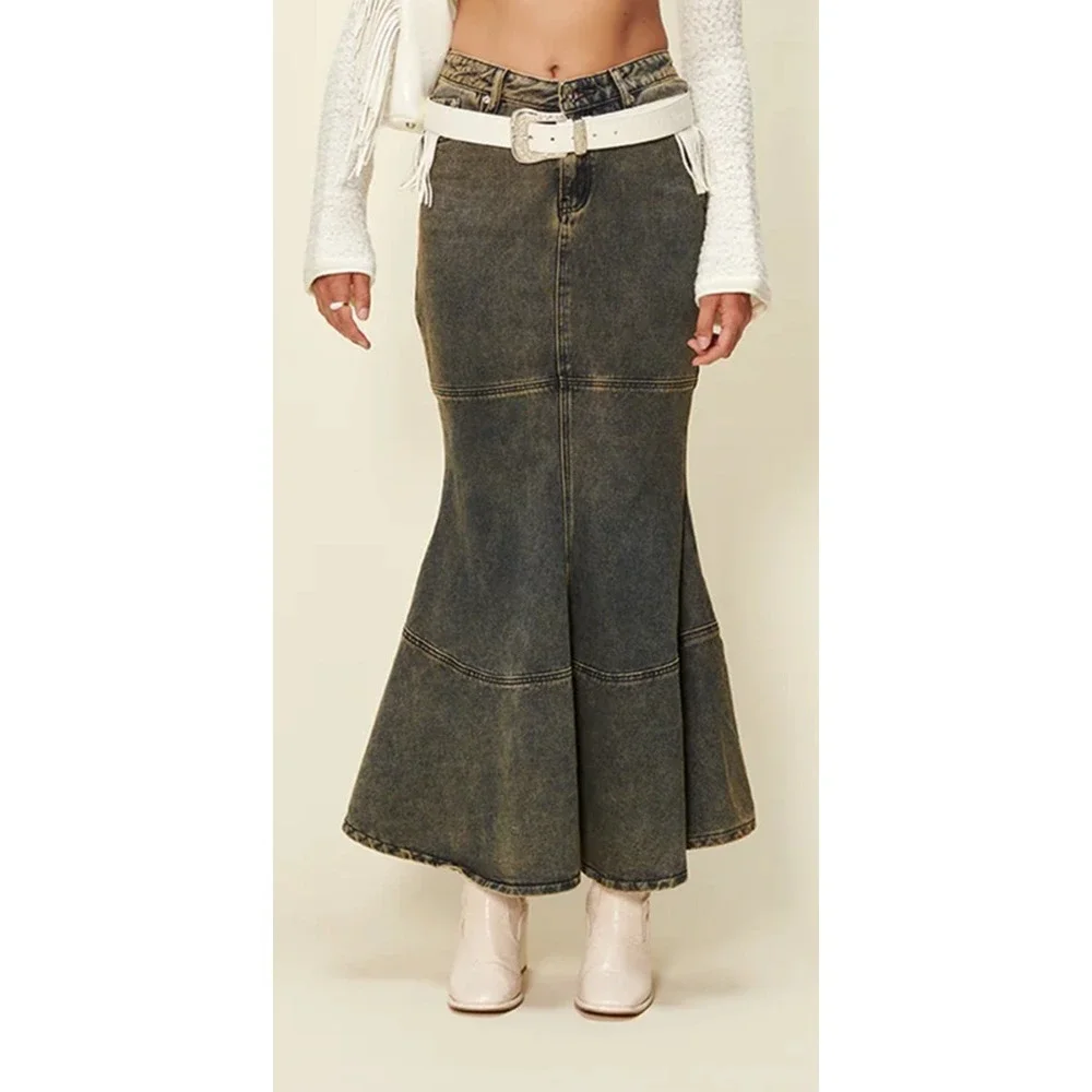 House of Sunny Courtyard Tulip Skirt Clay Grey Denim Mermaid Maxi Size 4 NEW